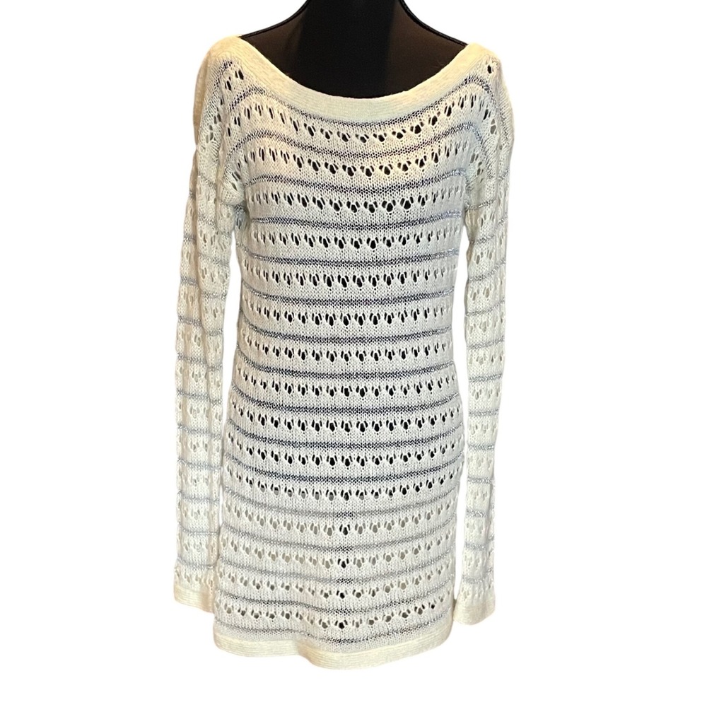 Y2K Armani Exchange Cream Metallic Silver Pointelle Mohair Blend Tunic Sweater M